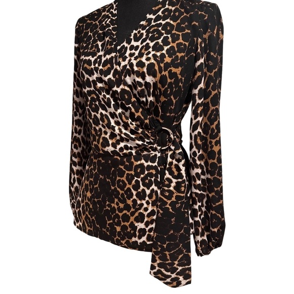 Joseph Ribkoff Leopard Wrap Top D Ring Balloon Sleeves Blouse Brown Size 6 Small - Picture 6 of 15